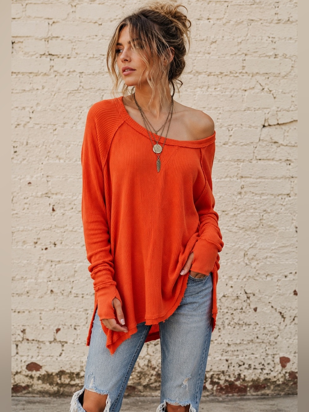 Free People We The Free Laguna Thermal Orange Oversized Top Small